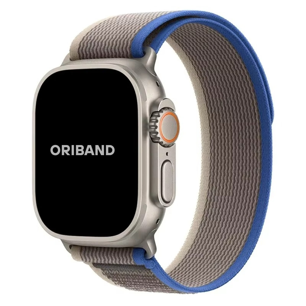 Blue Gray Trail Loop Apple Watch band crafted from stretchable nylon for all-day comfort and a rugged outdoor look.