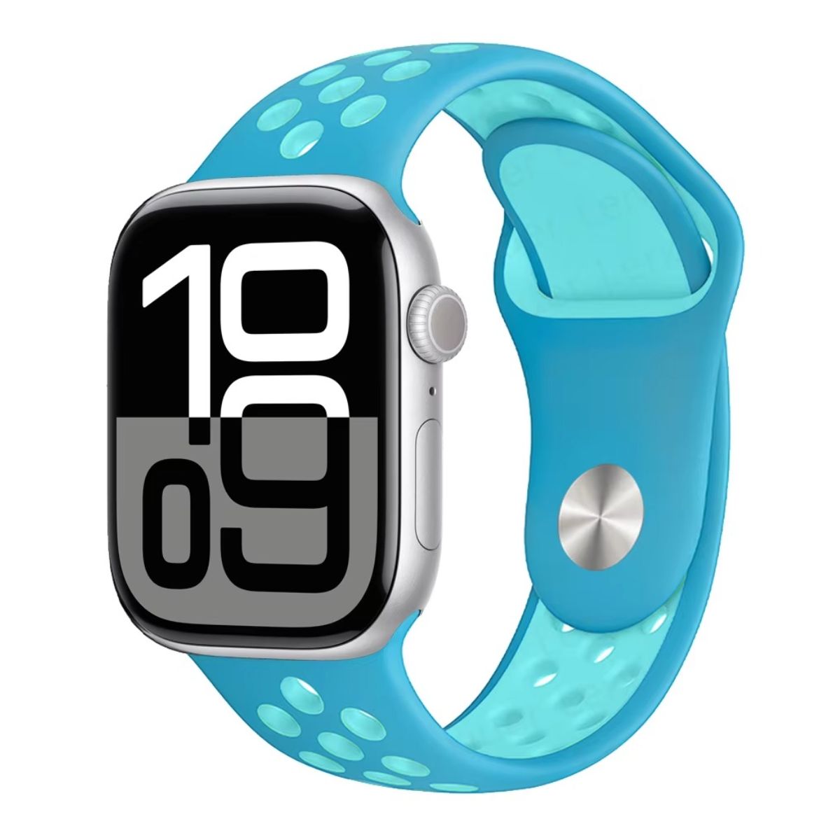 Apple Watch series 10 with a blue Silicone Sport band on a white background