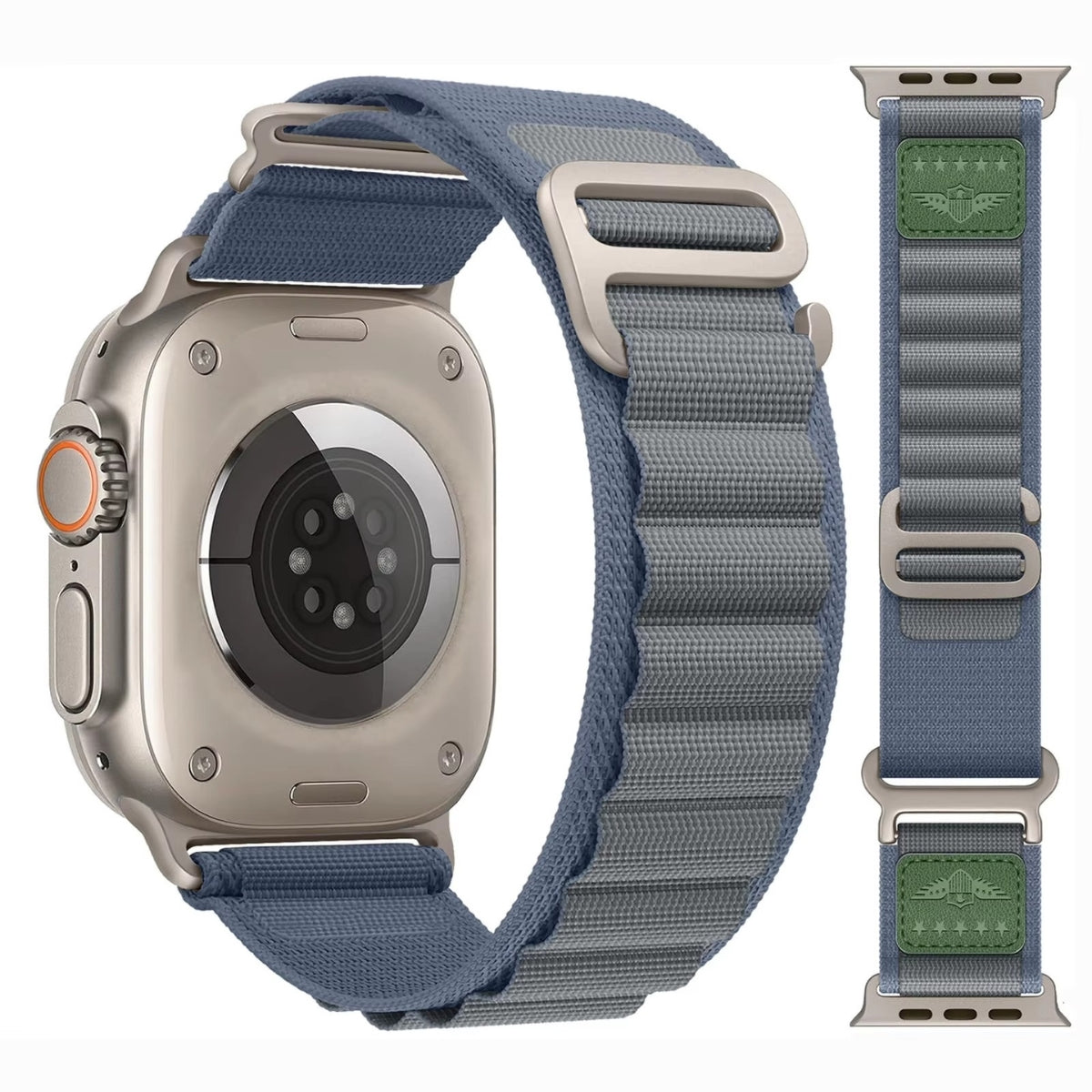 Blue nylon Military Alpine Loop band for Apple Watch Ultra and Series 3–9, featuring premium stitching and leather detail.