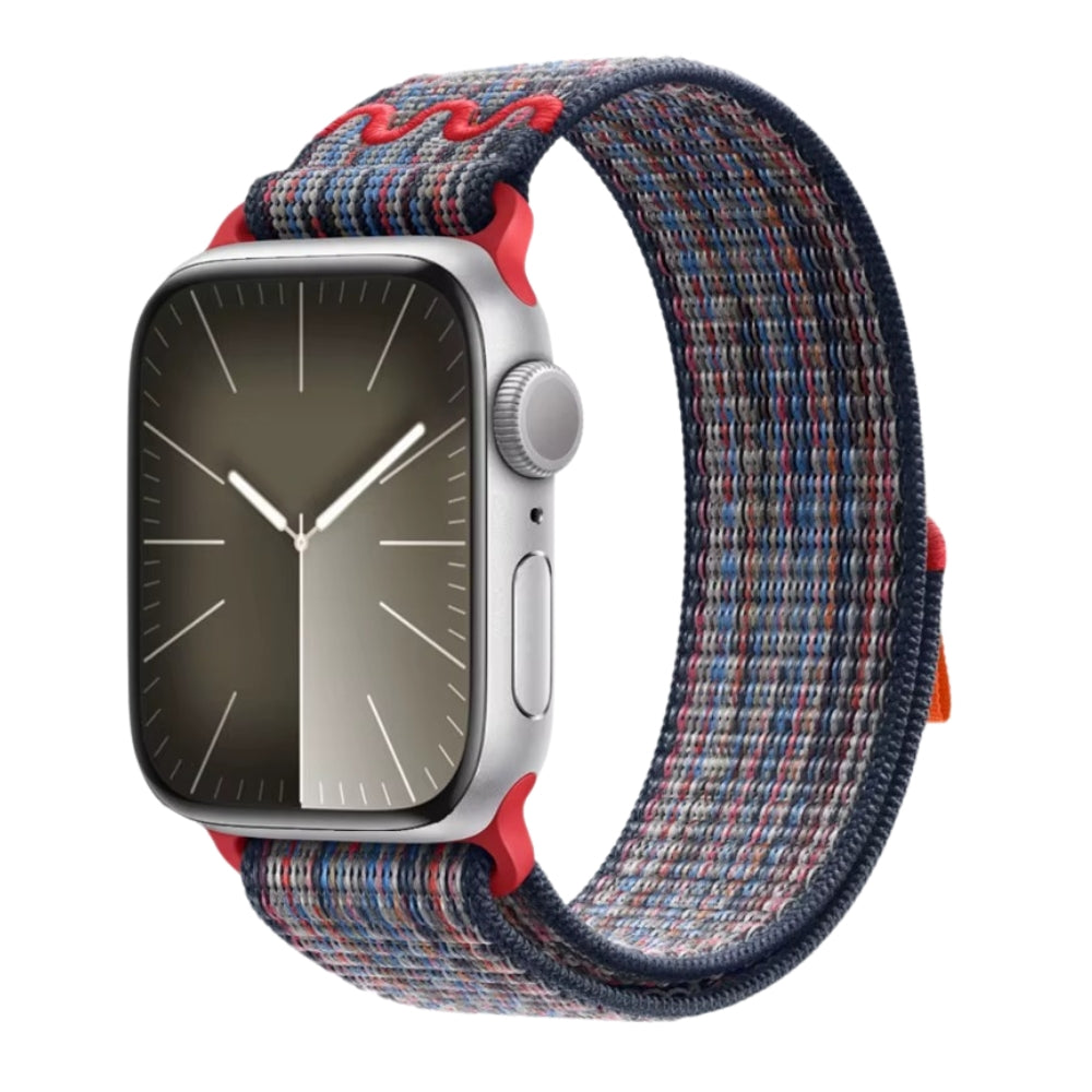 Blue Red nylon sport loop band, flexible, lightweight, and adjustable.