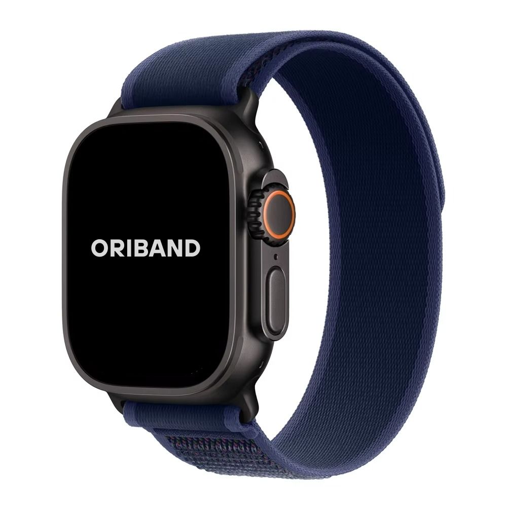 Blue Trail Loop Apple Watch band with black connector – ultra-soft nylon band with secure fit and versatile style.
