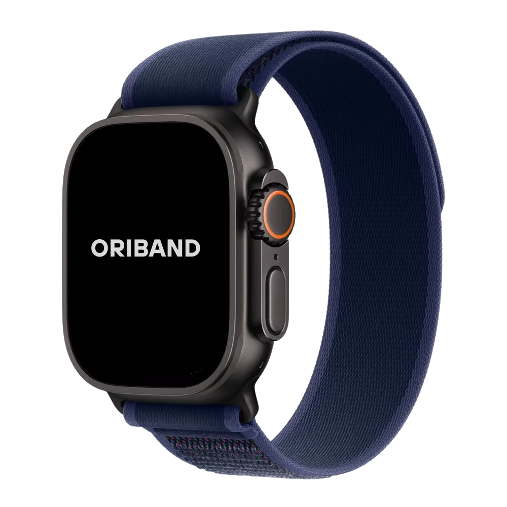 A Blue Trail Loop Band for Apple Watch with a black watch case and a hook-and-loop closure.