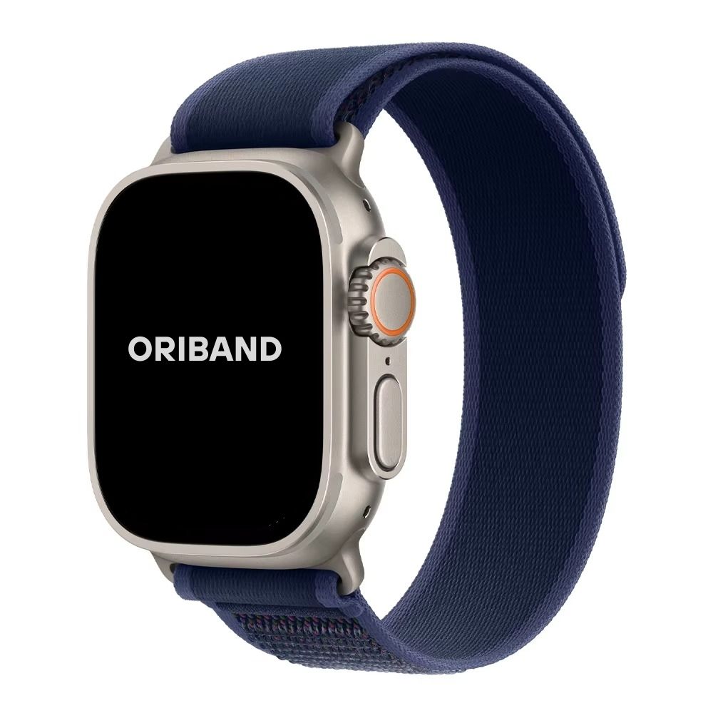 Blue Trail Loop Apple Watch band with silver connector – stretchable, breathable strap designed for Apple Watch Ultra and Series models.