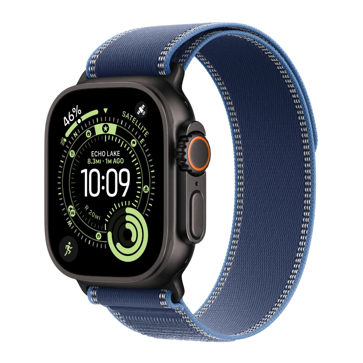 Black Apple Watch Ultra with a Bright blue Trail loop band on a white background