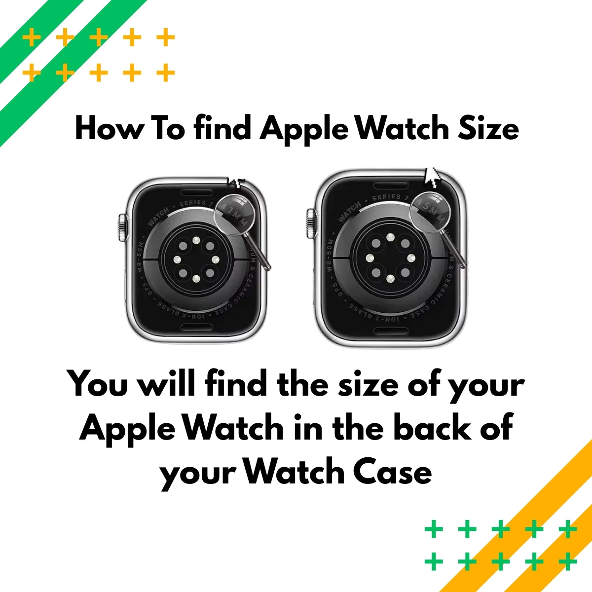 Two Apple Watch images from Back with text on how to find the size.