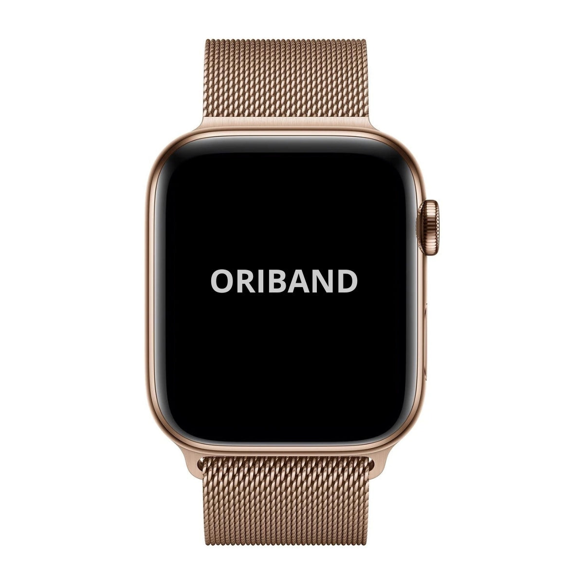 Face profile of Apple Watch with Gold Milanese Loop strap with breathable stainless steel mesh design, featuring the brand 'ORIBAND'.