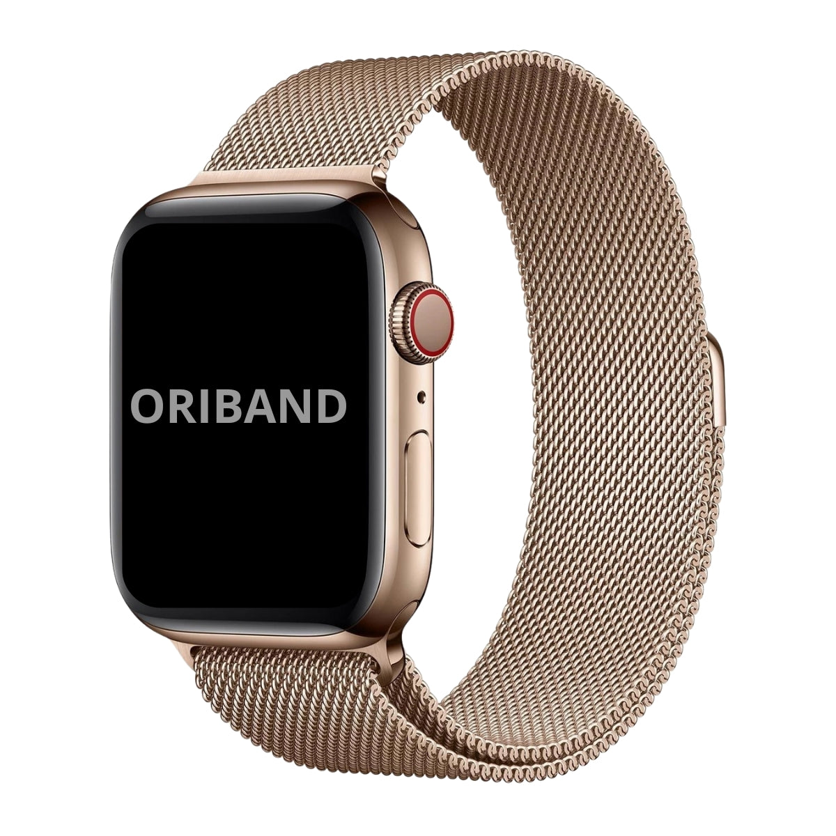 Gold Milanese Loop band for Apple Watch with magnetic clasp, premium stainless steel mesh strap on white background, featuring the brand 'Oriband'.