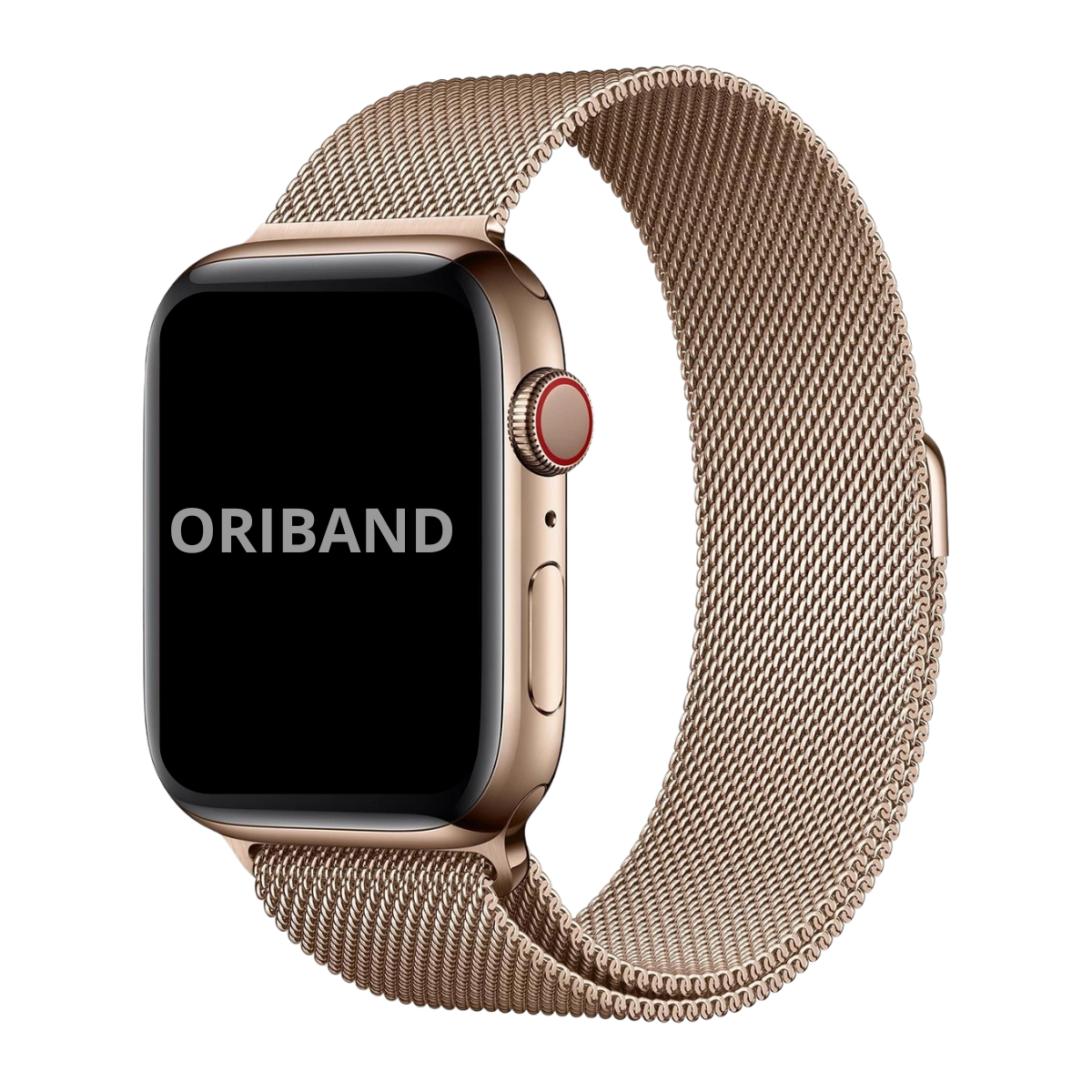 Gold Milanese Loop band for Apple Watch with magnetic clasp, premium stainless steel mesh strap on white background, featuring the brand 'Oriband'.