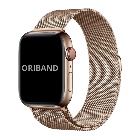 Gold Milanese Loop band for Apple Watch with magnetic clasp, premium stainless steel mesh strap on white background, featuring the brand 'Oriband'.