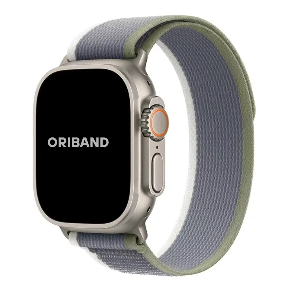 Gray White Trail Loop Apple Watch band designed for Apple Watch Ultra, offering breathable material and sporty styling.