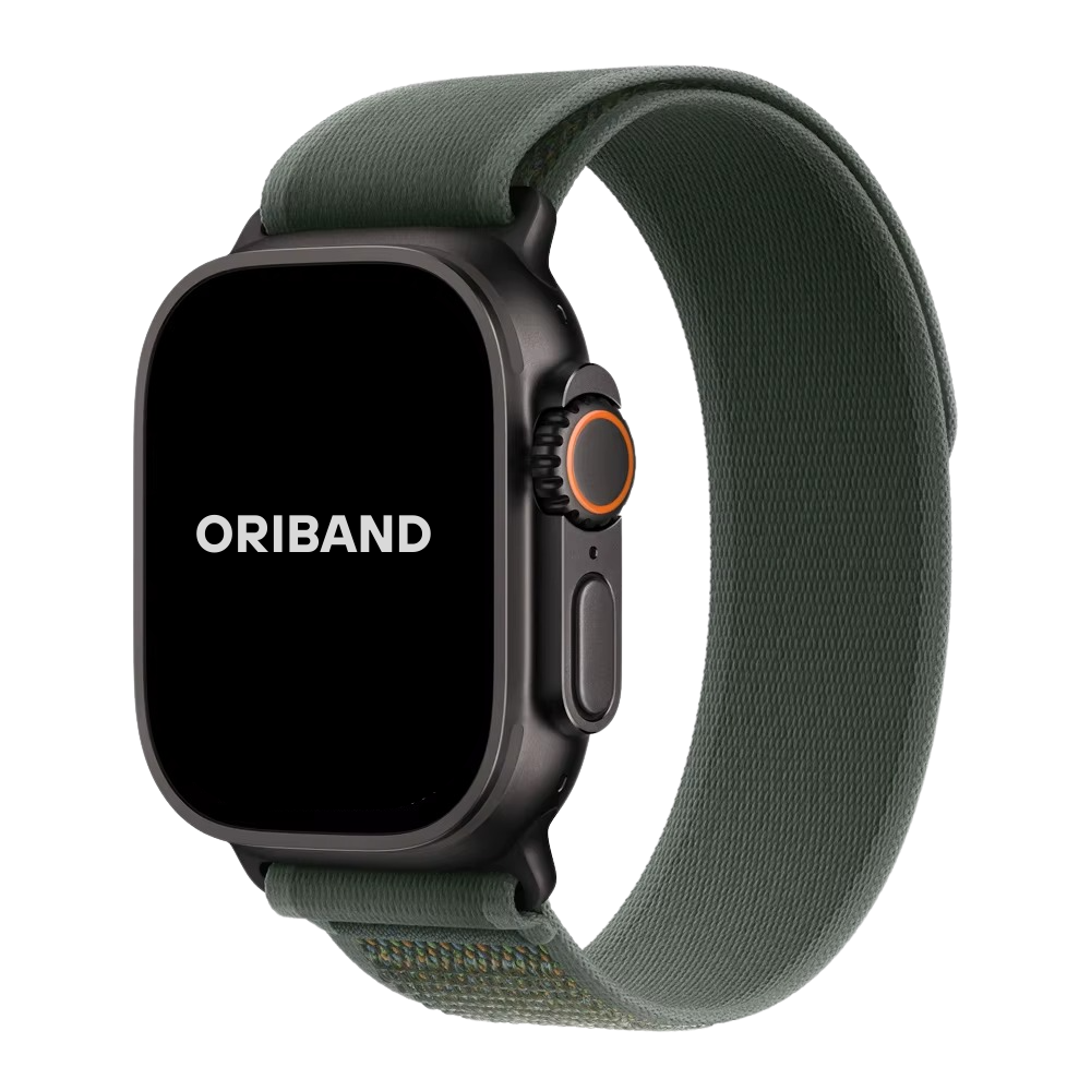 A Green Trail Loop Band for Apple Watch with a full green color scheme, featuring a secure closure and a digital display showing the brand name 'ORIBAND'.