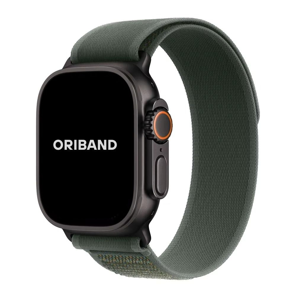 Green Trail Loop Apple Watch band with black connector – breathable, secure nylon strap for active lifestyles and all-day comfort.