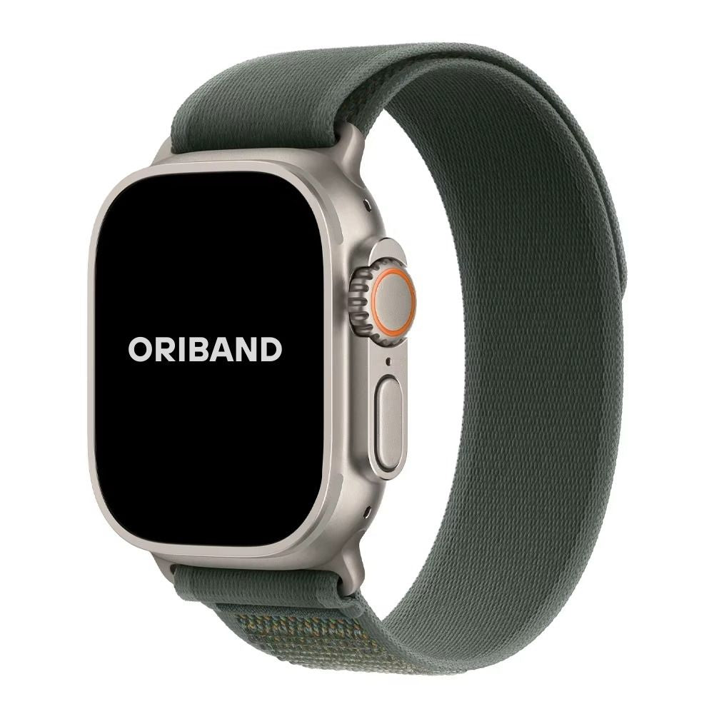 Green Trail Loop Apple Watch band with silver connector – stylish and stretchable band perfect for workouts or casual wear.