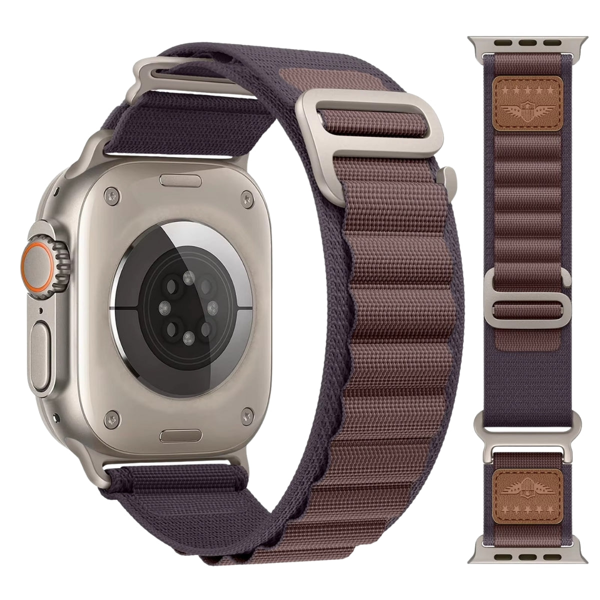 Indigo Military Alpine Loop for Apple Watch Ultra with rugged nylon strap and leather trim, compatible with 49mm to 38mm sizes.