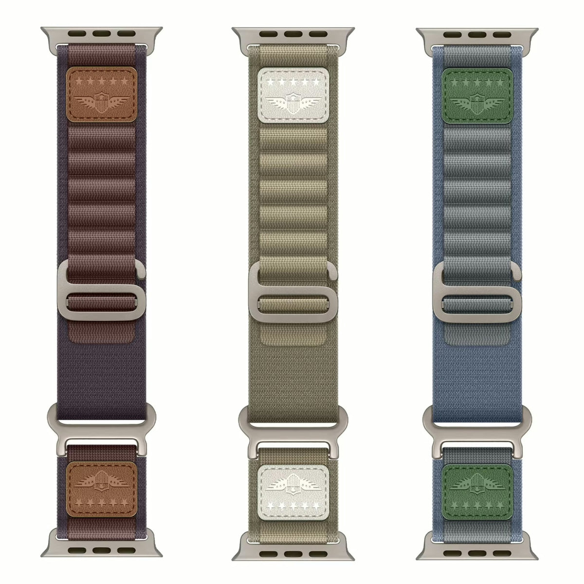 Military Alpine Loop Apple Watch Ultra band in indigo, blue,  and olive color options.