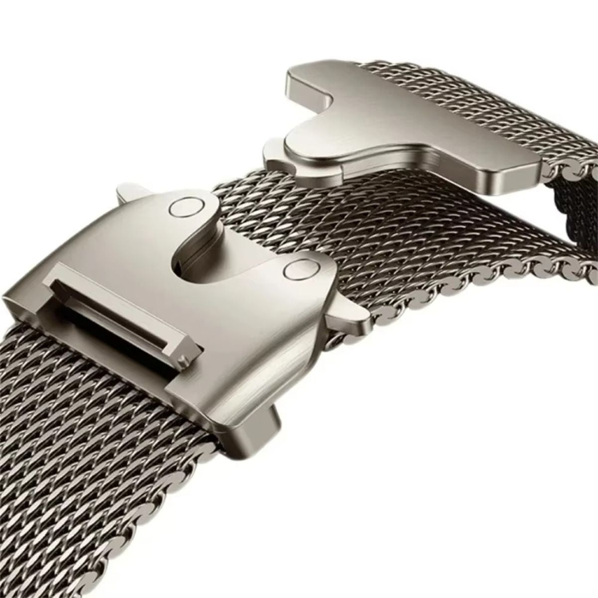 A close-up of silver Milanese loop Parachute clasp, showing its precision-crafted stainless steel weave and durable.