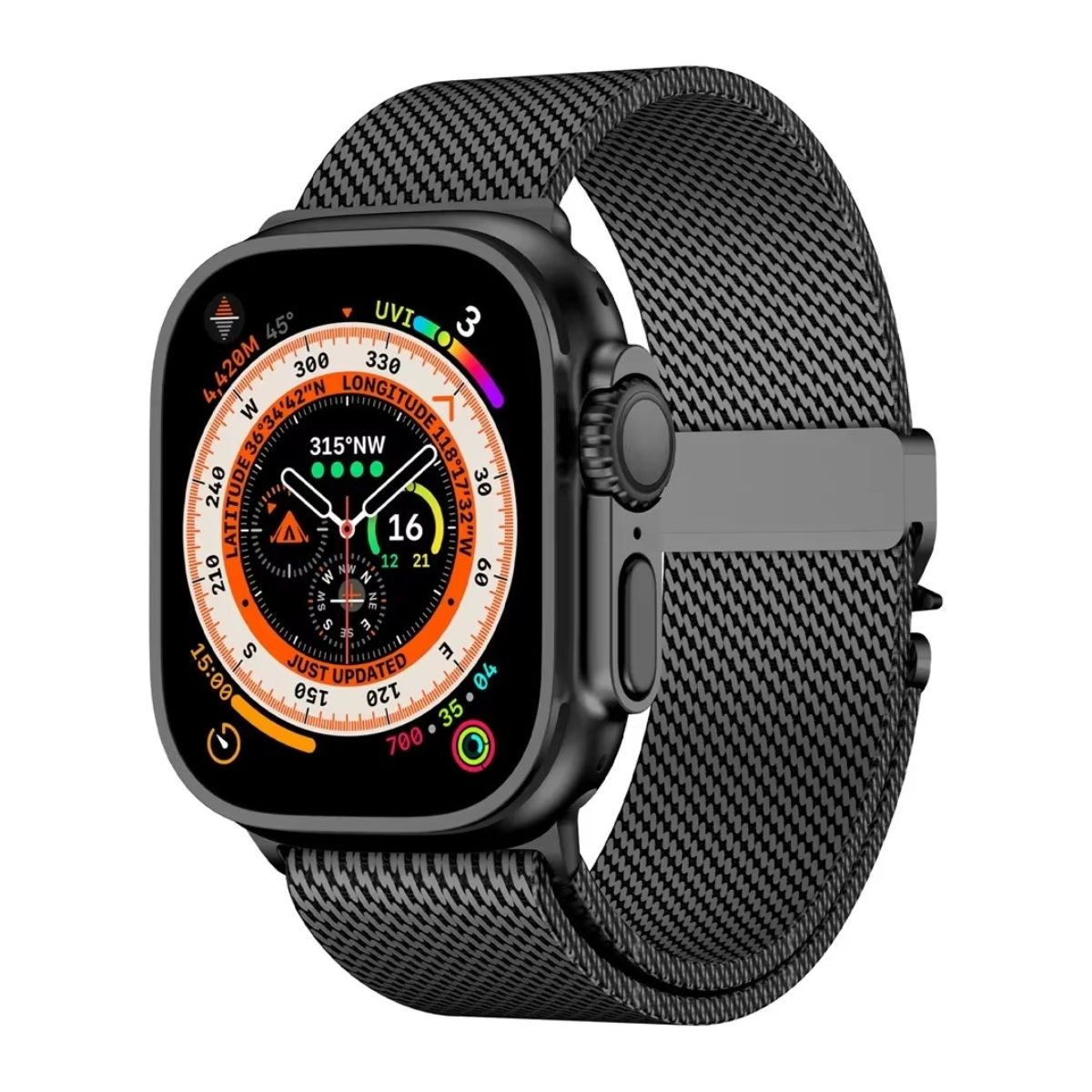 A black Milanese loop stainless steel Apple Watch band attached to an Apple Watch Ultra, featuring a modern design and a secure parachute buckle.