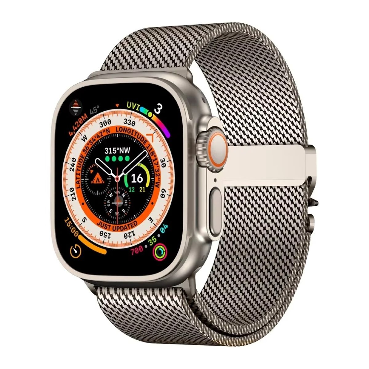 A Titanium Milanese loop Apple Watch band attached to an Apple Watch Ultra, showcasing a breathable mesh design with a secure clasp.