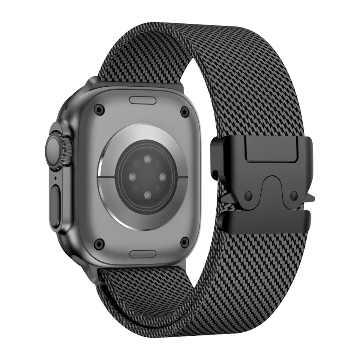 Black Milanese loop stainless steel Apple Watch band attached to an Apple Watch Ultra, featuring a modern design and a secure parachute buckle.