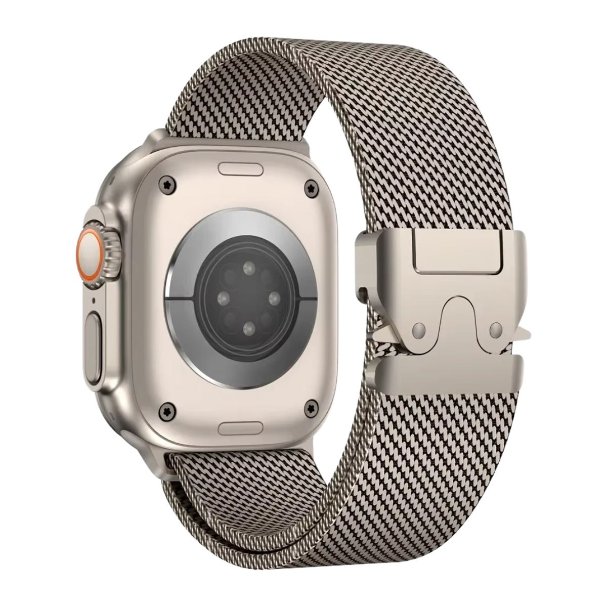 A titanium loop Apple Watch band attached to an Apple Watch Ultra, showcasing a breathable mesh design with a secure clasp.