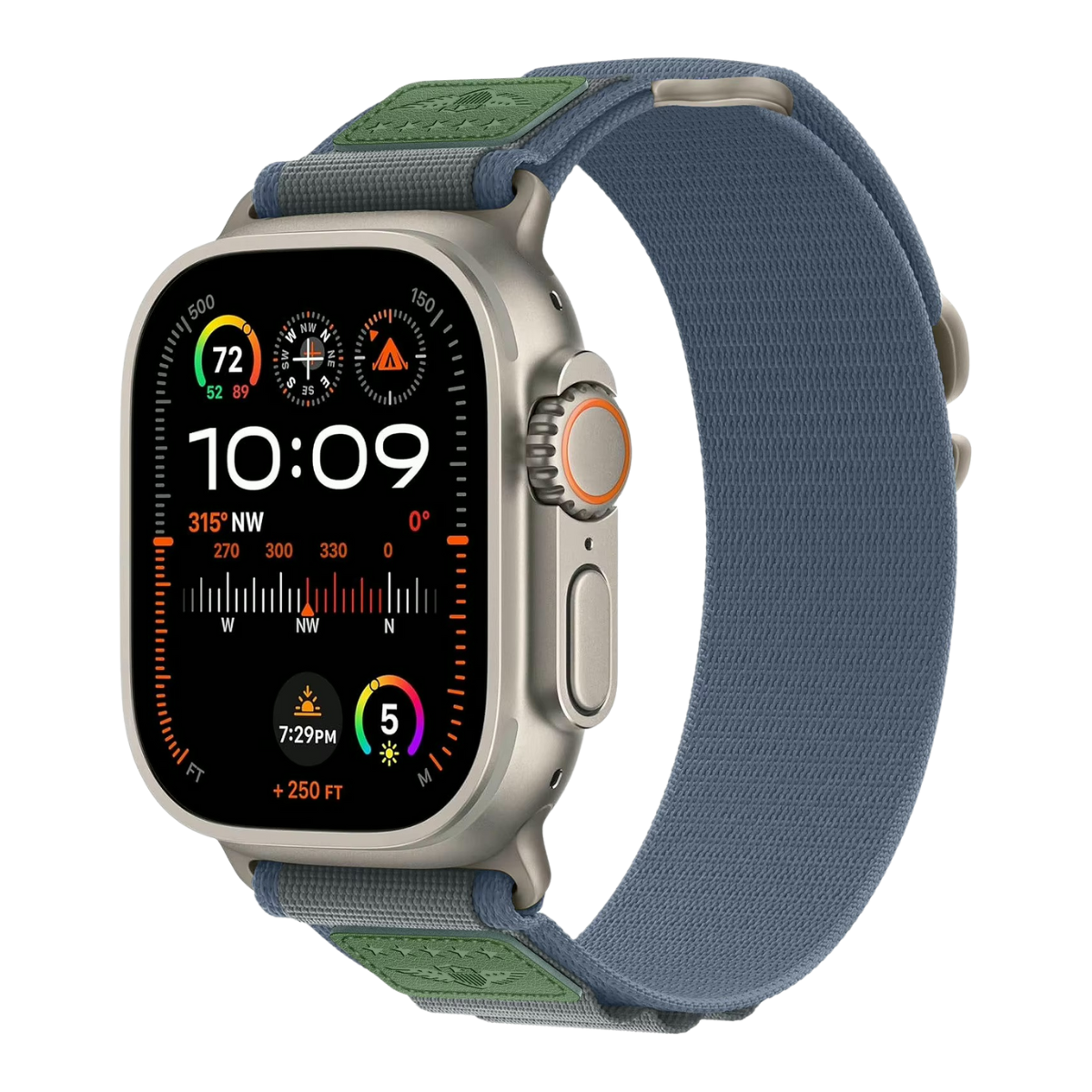 Blue nylon Military Alpine Loop band for Apple Watch Ultra and Series 3–9, featuring premium stitching and leather detail.