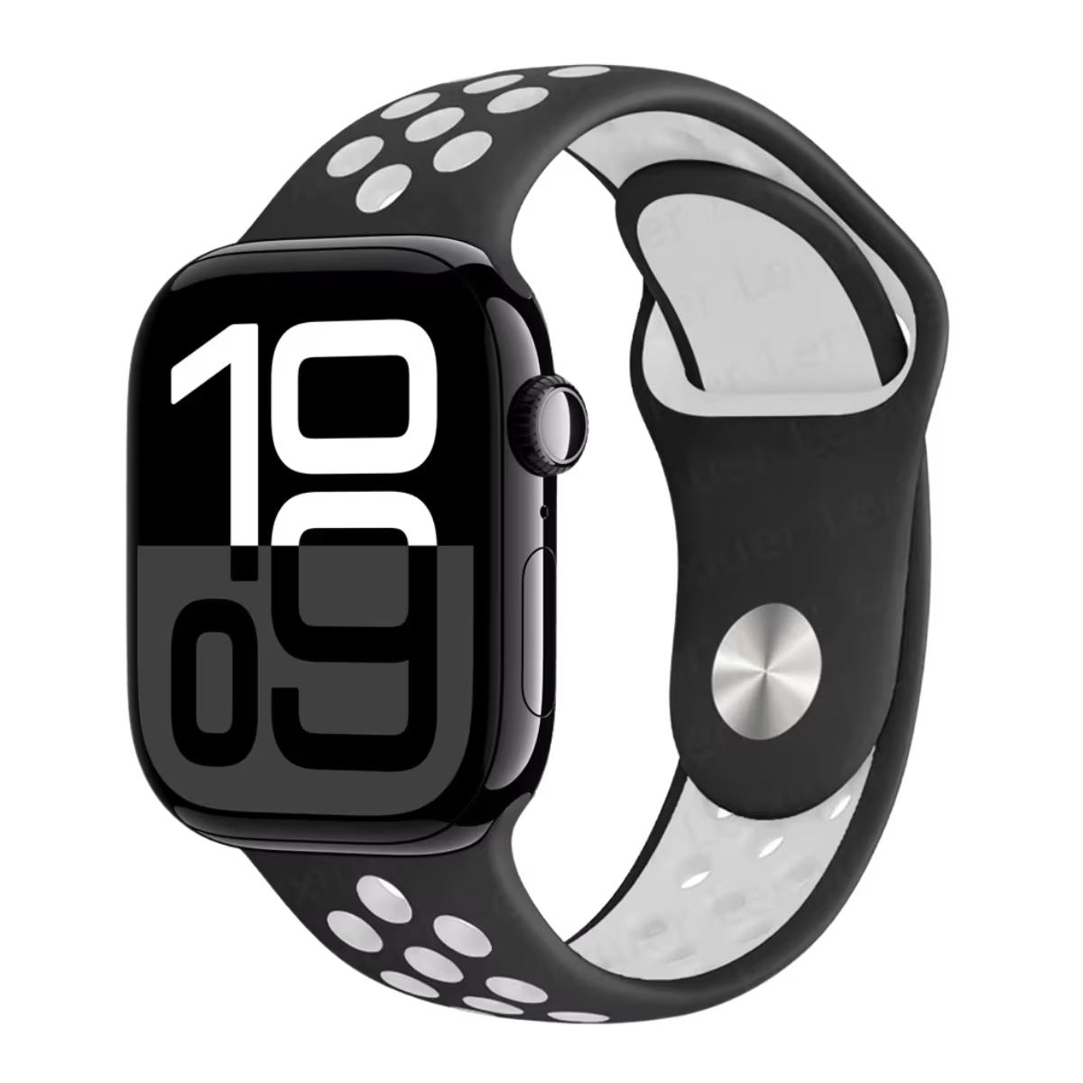 Apple Watch series 10 with a black and gray band on a white background