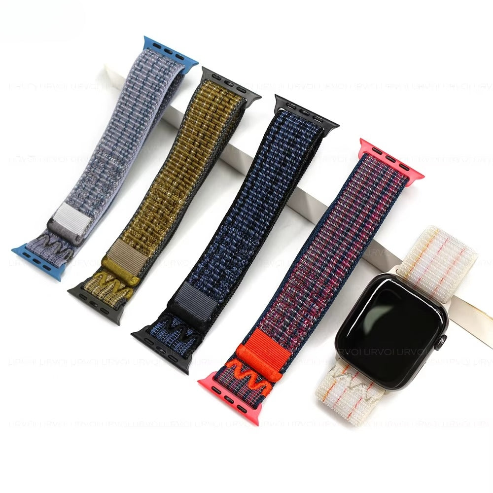 Grey/blue, Black/blue, Green/grey, Starlight/pink and Blue/red nylon sport loop bands for Apple Watch models, showcasing breathable, stretchy design in a variety of vibrant shades.