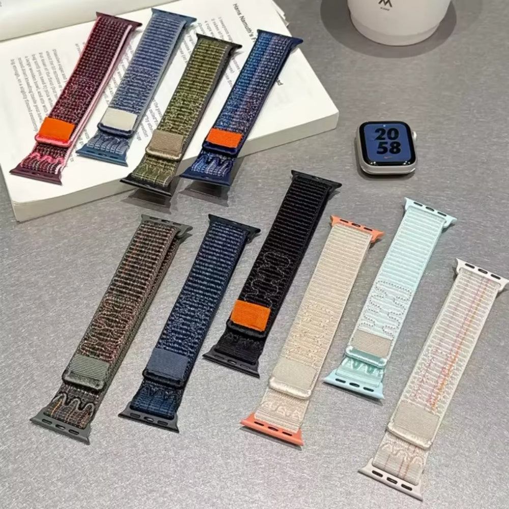 Multi-color nylon sport loop bands for Apple Watch Ultra and Series models, showcasing breathable, stretchy design in a variety of vibrant shades.