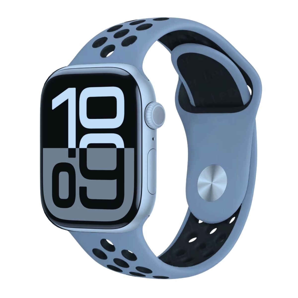 Apple Watch series 10 with a obsidian silicone Nike band on a white background