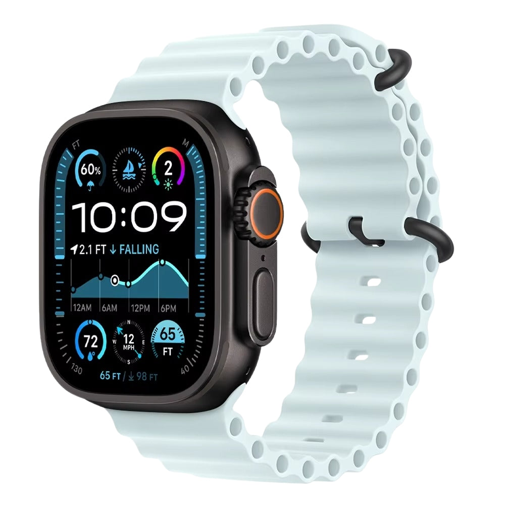 Ice Blue Ocean Band Linked to Apple Watch Ultra With Black Titanium Buckle – cool tone meets extreme performance.