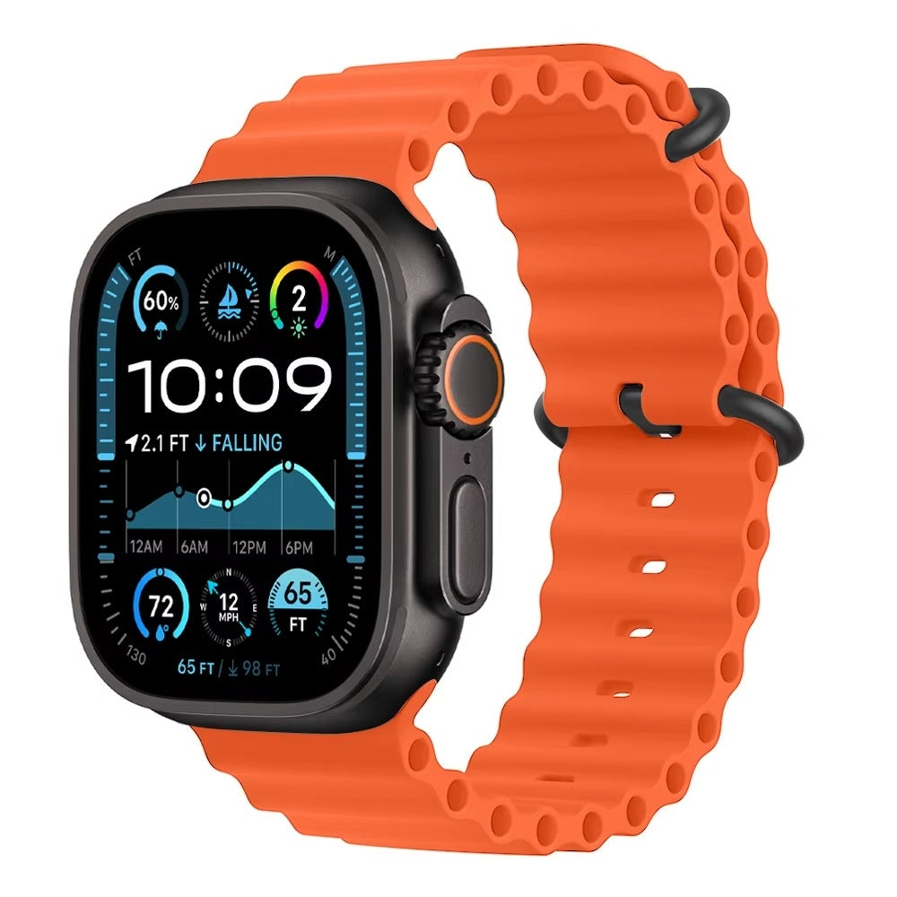 Orange Ocean Band Atached to Apple Watch Ultra with Black Buckle– vibrant and adventure-ready.