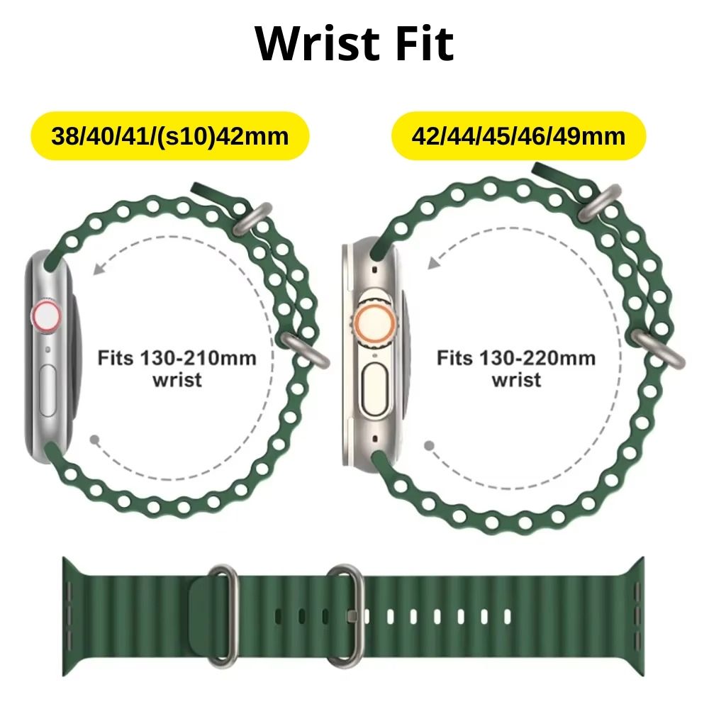 Wrist fit guide showing Ocean Band sizing for Apple Watch Ultra, compatible with 38/40/41/42/44/45/46/49mm models, fitting 130–220mm wrists.