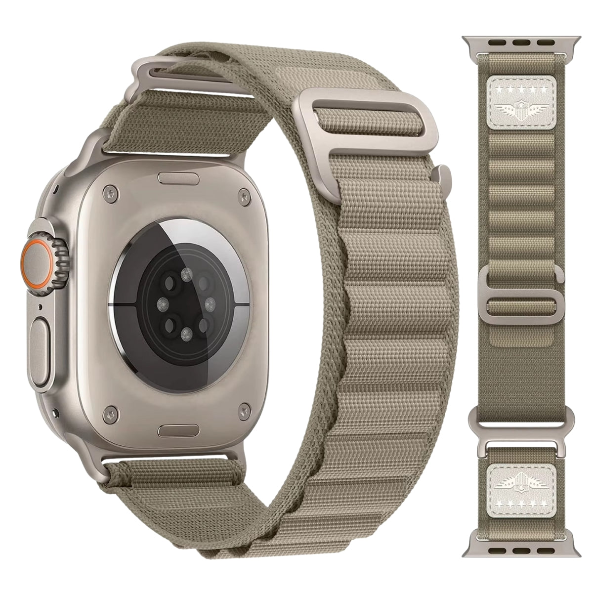 Olive green Military Alpine Loop Apple Watch band made of durable nylon with leather accent, fits Apple Watch Ultra 2 and Series 9 to 3.
