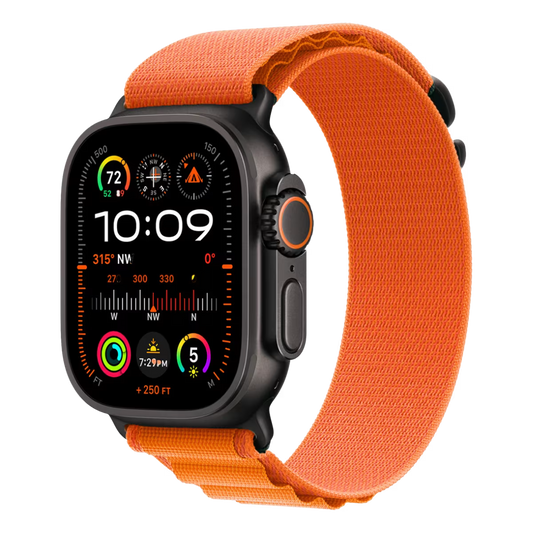 Apple Watch Ultra 3 with orange band on a transparent background