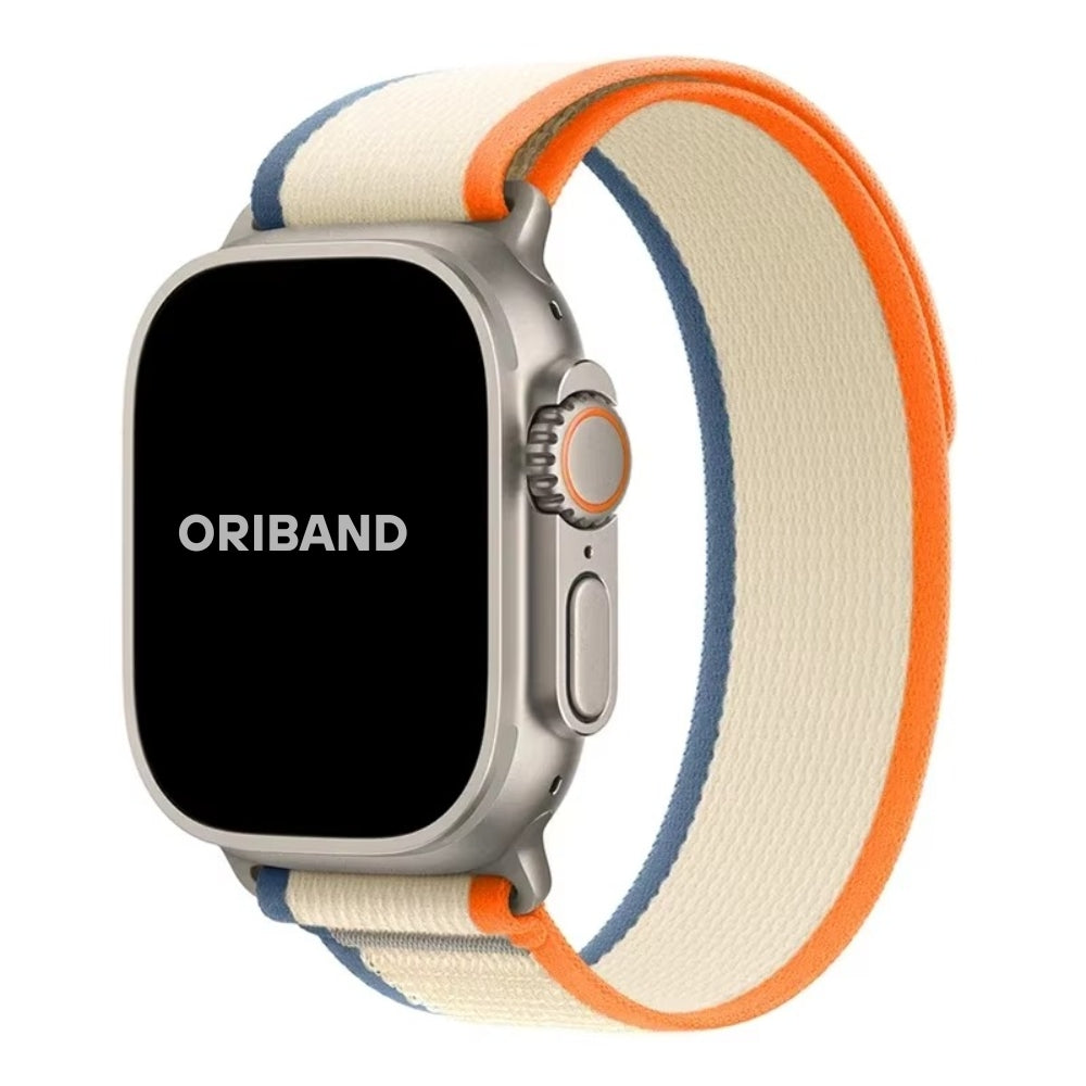 Orange Beige Trail Loop Apple Watch band built for performance, featuring ultra-soft woven nylon and adjustable fit.