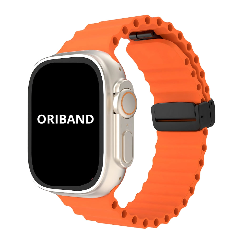 Orange silicone ocean strap with magnetic buckle, adventurous and bright.