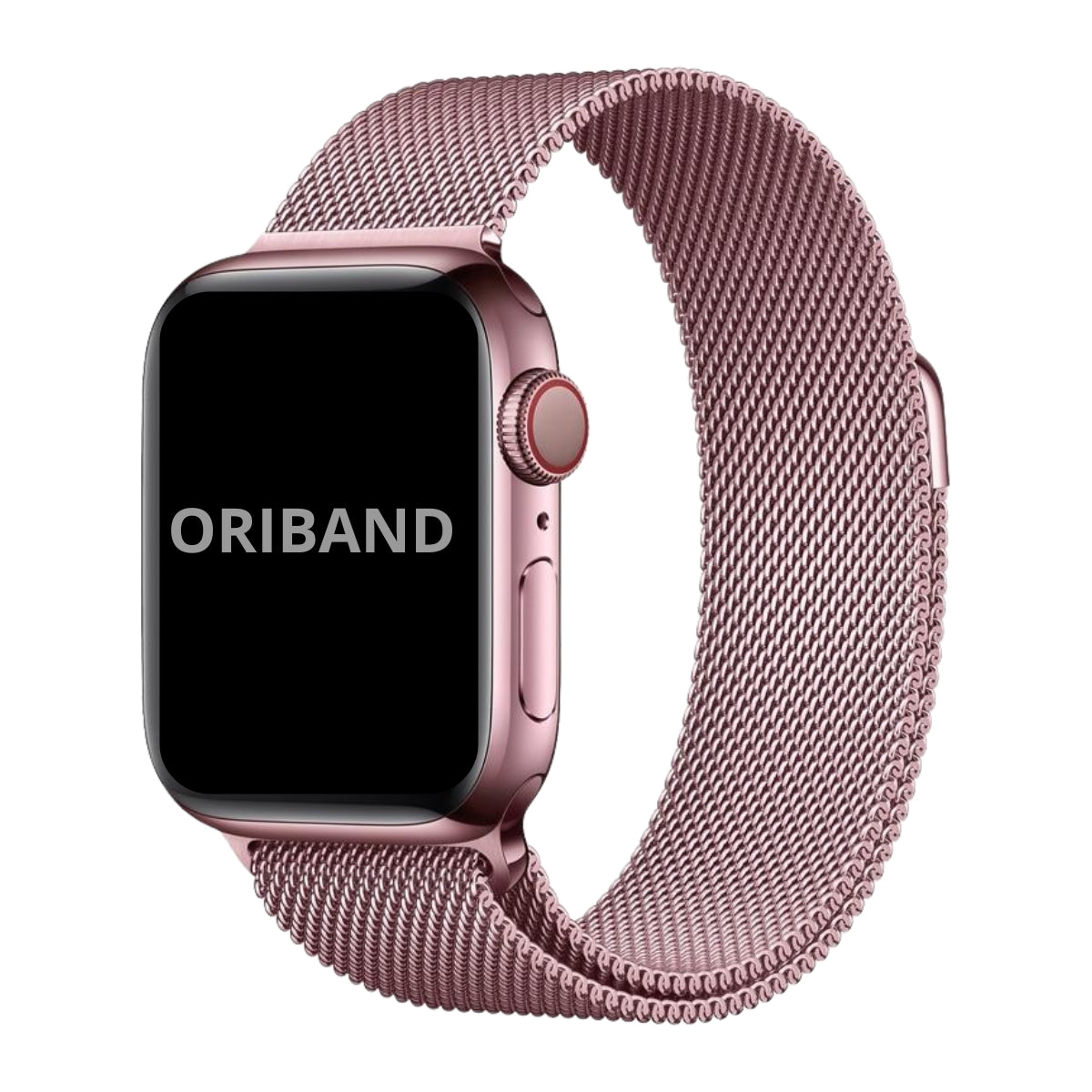 Pink Milanese Loop band for Apple Watch with magnetic clasp, stylish stainless steel mesh strap on white background, featuring the brand 'Oriband'.
