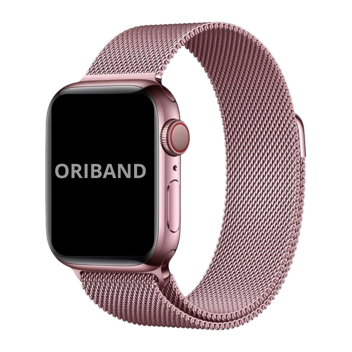 Pink Milanese Loop band for Apple Watch with magnetic clasp, stylish stainless steel mesh strap on white background, featuring the brand 'Oriband'.