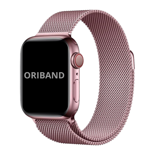 Pink Milanese Loop band for Apple Watch with magnetic clasp, stylish stainless steel mesh strap on white background, featuring the brand 'Oriband'.