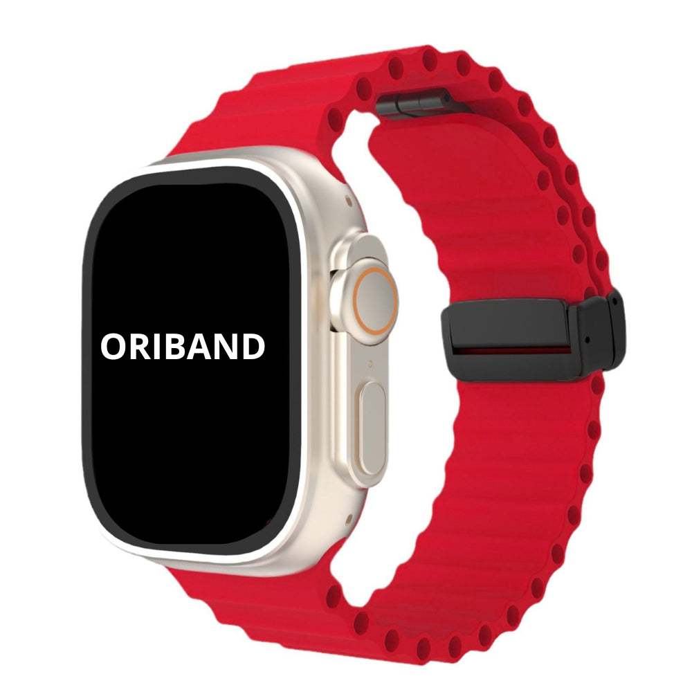 Red silicone ocean strap with magnetic buckle, vivid and energetic.