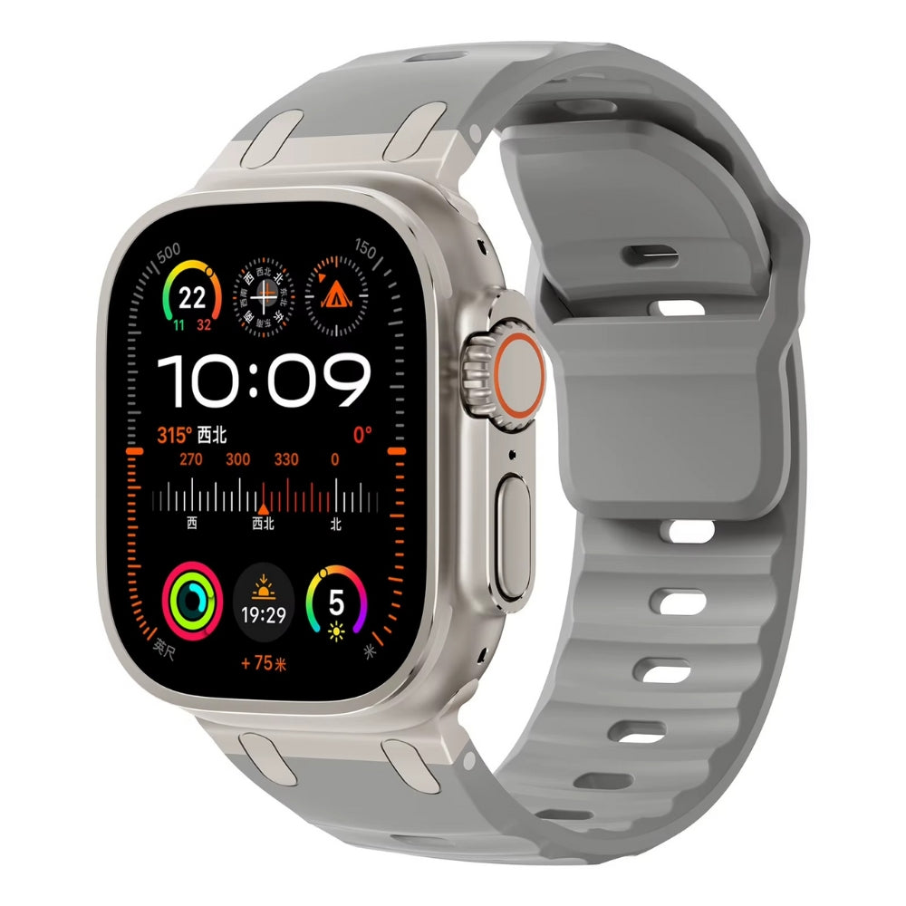 Gray silicone sport band with reinforced stainless‑steel clasp for Apple Watch
