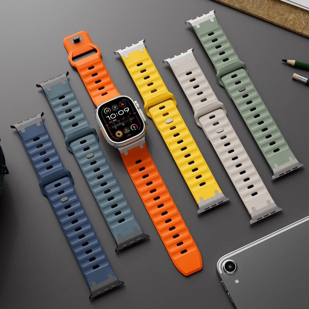 Sport apple watch ultra bands in 6 colors orange, yellow, white, green, midnight blue and rock.