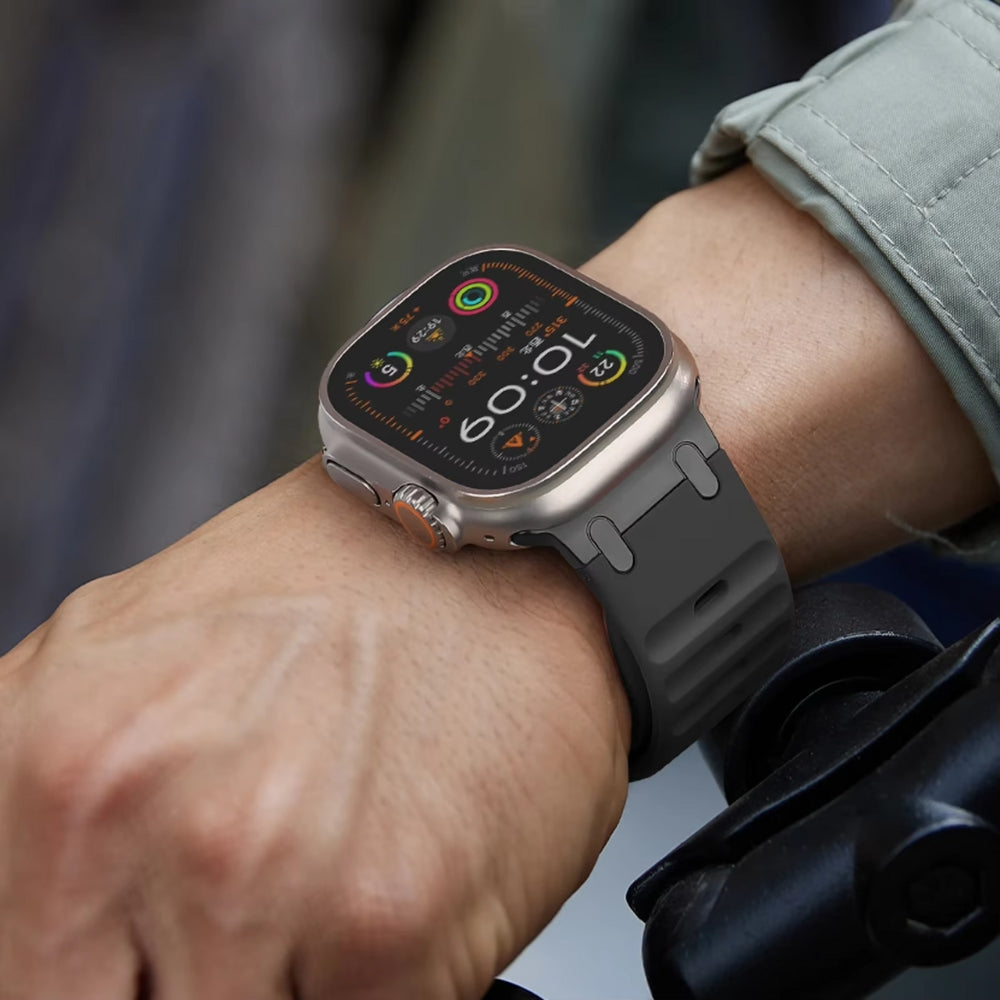 Black soft champagne silicone sport band with apple watch ultra worn in wrist