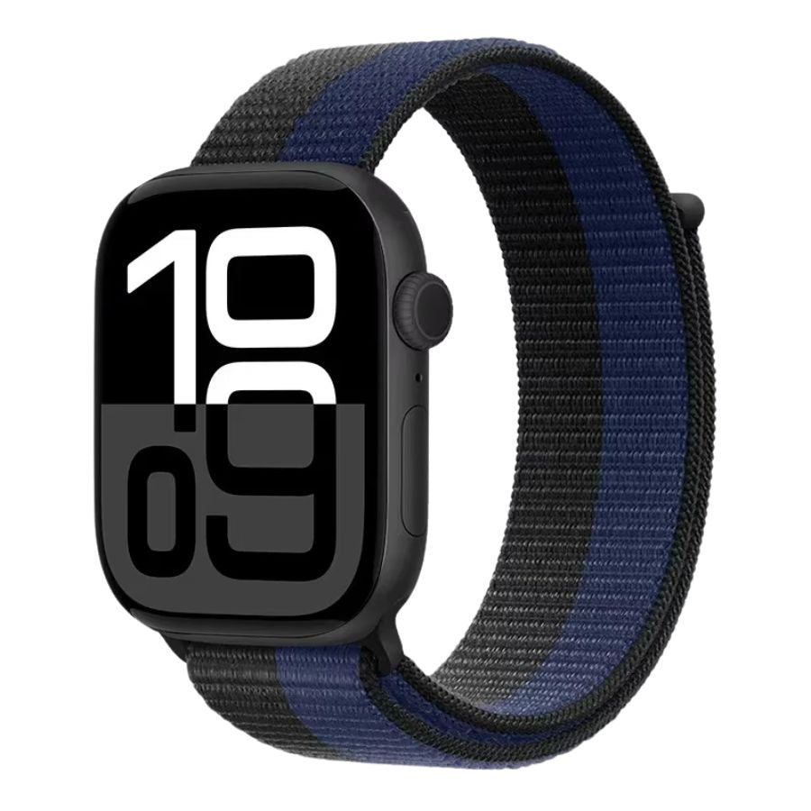 Black Blue Sport Loop nylon band for Apple Watch – sporty contrast and secure fit.