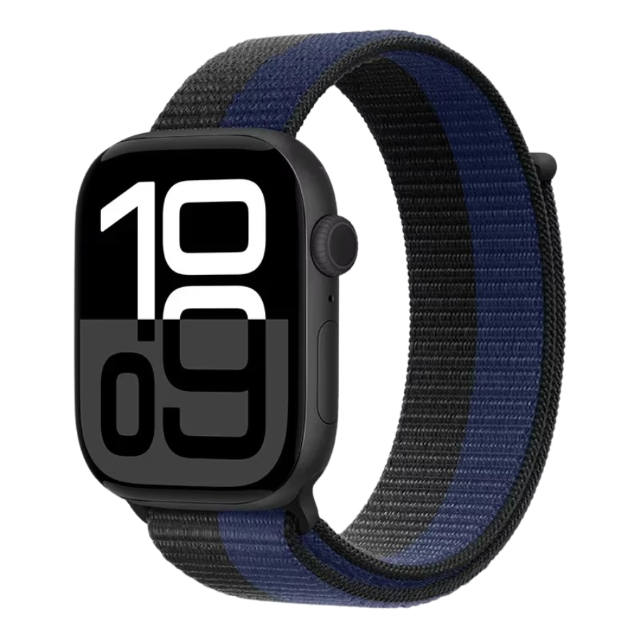 Black Blue Sport Loop nylon band for Apple Watch – sporty contrast and secure fit.