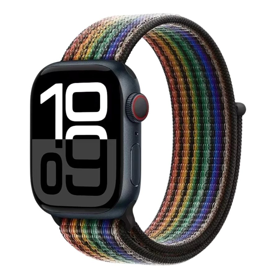 Black Rainbow Sport Loop Apple Watch band – bold black base with multicolor flair.