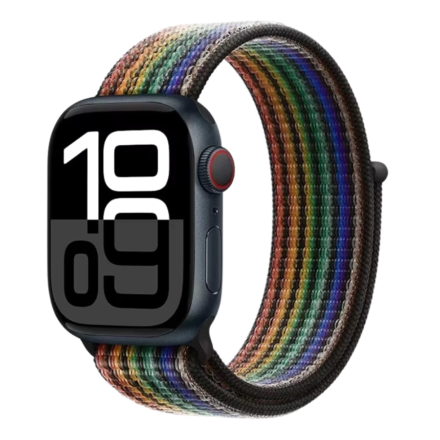 Black Rainbow Sport Loop Apple Watch band – bold black base with multicolor flair.