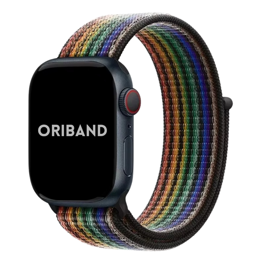 Black Rainbow Sport Loop Apple Watch band – bold black base with multicolor flair.