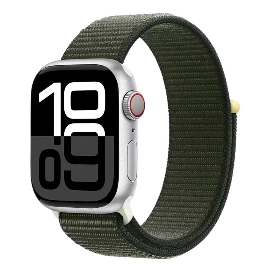 Cypress Green Sport Loop band for Apple Watch, rugged style with comfort fit.