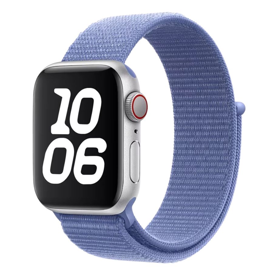 Apple watch with Periwinkle Sport loop, front view.